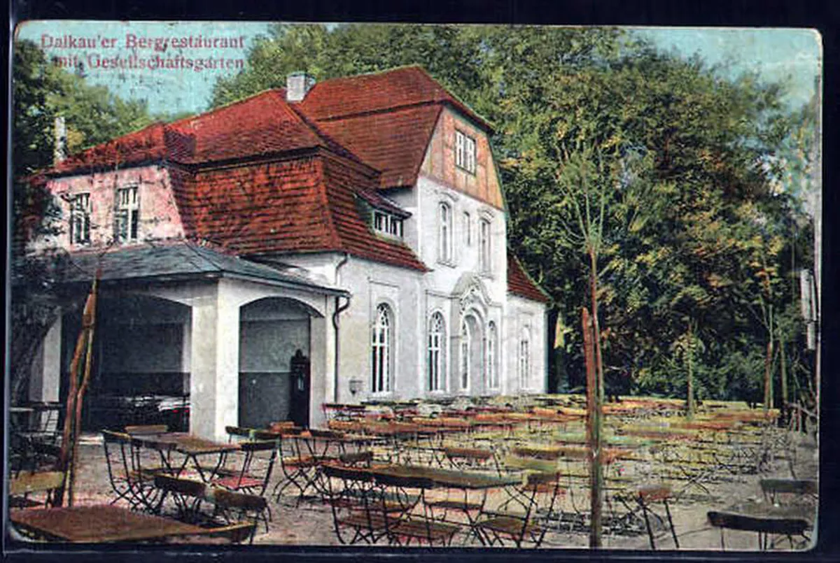 Bergrestaurant Dalkau - pocztówka przedstawiająca nieistniejącą już gospodę na Wzgórzach Dalkowskich